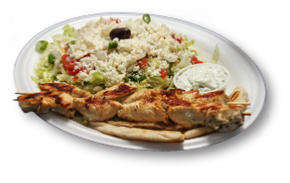 Grecian Corner Chicken Souvlaki with Greek Salad, Tzaziki and Pita Bread