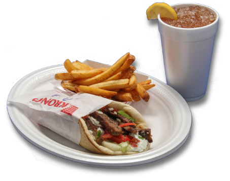 Grecian Corner Gyro on Pita with Fries and Iced Tea